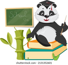The panda character is studying at school. Sitting on a stack of books in a student's hat and a pointer in his paw. Vector illustration. Postcard.