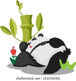 The panda character is under a bamboo branch during his sleep. Vector illustration. Postcard.