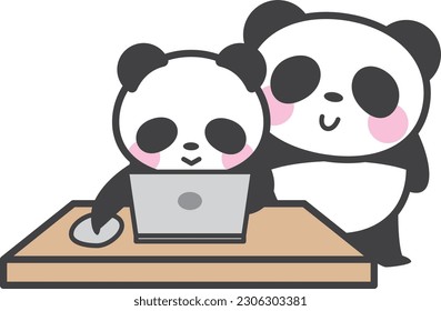 A panda character watching over the operation of a laptop