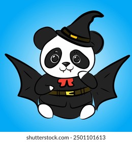 panda character wearing wizard hat with wings and dracula fangs on blue background. Halloween theme vector illustration.