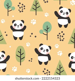panda cheering pose and smile yellow forest kids scandinavian style seamless pattern background with trees and animal footprints. Bedding children vector design, fabric and textile print.