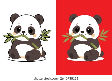 Panda chewing bamboo
A lovable baby panda sitting with bamboo in its mouth, round fluffy body, big black eyes, soft color palette, clean 2D vector art perfect for children's designs