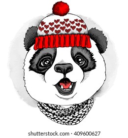 Panda child portrait in a knitted hat. Vector illustration.
