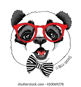 Panda child portrait in a red glasses with tie. Vector illustration.