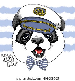 Panda child portrait in a sailor's cap on blue striped background.. Vector illustration.