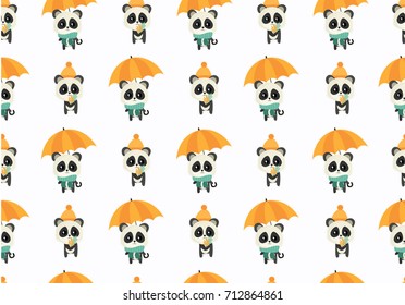 Panda. Chinese panda bear. Autumn. Fall.  Cute vector seamless pattern with animals. All elements are  hidden under mask. Pattern are not cropped and can be edited.