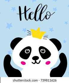 Panda. Chinese panda bear in gold crown and text Hello. Cute vector animal illustration for cards, web, prints, tshirts, tote bags design..