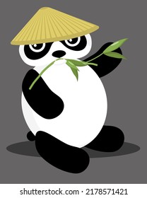 A panda in a Chinese hat eats bamboo. The Chinese panda is under threat of extinction. Cartoon panda with bamboo in mouth. Doodle vector illustration.