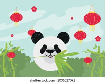 panda with chinese lanterns in landscape