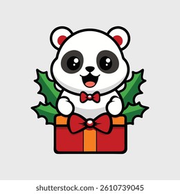 Panda With Christmas Gift Box And Leaf, Joyful Panda In Festive Bow Tie	
