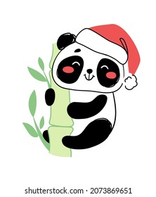 Panda in a Christmas hat climbing bamboo. vector illustration in flat style isolated on white background.