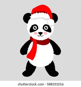 Panda Christmas hat and scarf. Vector illustration for greeting card, poster, or print on clothes. Christmas and New Year. Winter.