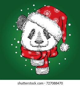 Panda Christmas hat and scarf. Vector illustration for greeting card, poster, or print on clothes. Christmas and New Year. Winter.