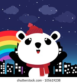 Panda in the city at night with rainbow