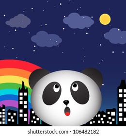 Panda in the city at night with rainbow