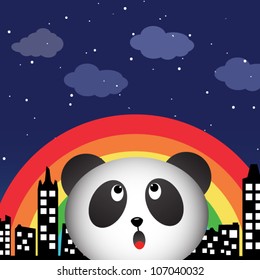 Panda in the city at night with rainbow