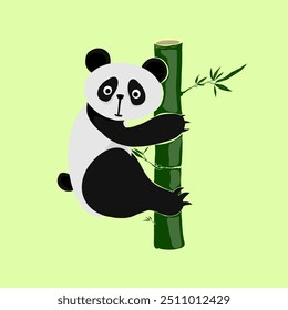 a panda climbing a bamboo tree with a green background