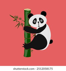 a panda climbing a bamboo tree with a red background