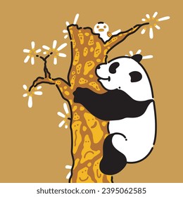 A panda is climbing a tree on which is perched a white bird