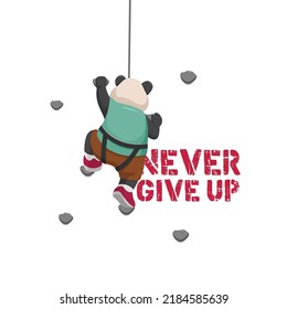 a panda climbing a wall never give up. passion for a better life. Cartoon Panda desain for t-shirt, apparel and website