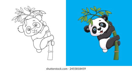 panda climbs into a bamboo tree from animals, children's coloring book. Coloring book with cute cartoon animal pictures. Vector illustration with colored background.