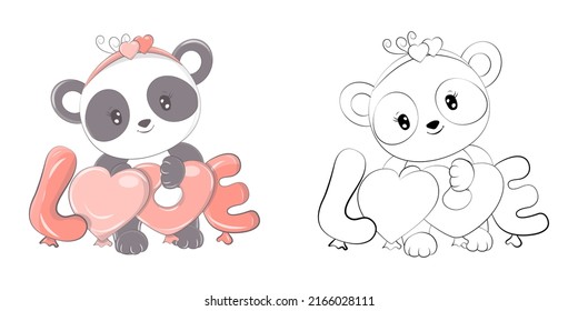 Panda Clipart for Coloring Page and Multicolored Illustration. Baby Clip Art Panda with Love Balloons. Vector Illustration of an Animal for Coloring Pages, Prints for Clothes, Stickers, Baby Shower. 