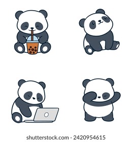 Panda Clipart, Cute Animal Set. cute panda illustration vector image. perfect for Stickers, Prints for Clothing, Coloring Pages.