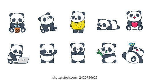 Panda Clipart, juego de animales. imagen vectorial de ilustración de panda linda. perfecto para pegatinas, impresiones para ropa, páginas colorantes.