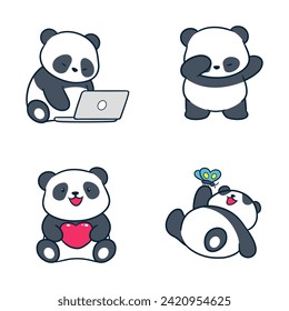 Panda Clipart, Cute Animal Set. cute panda illustration vector image. perfect for Stickers, Prints for Clothing, Coloring Pages.