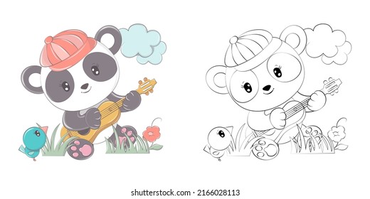 Panda Clipart Multicolored and Black and White. Beautiful Clip Art Panda Plays the Guitar. Vector Illustration of an Animal for Prints for Clothes, Stickers, Baby Shower, Coloring Pages. 