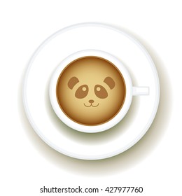 Panda Coffee Latte art animal, Top view shape foam art of a cappuccino cup with saucer on white table background. Latte art drawing coffee cup with cute panda face. Vector