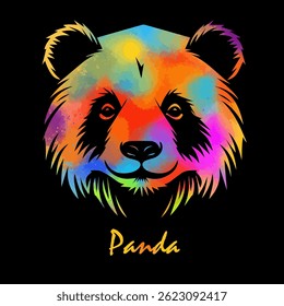 Panda colored head on black background. hand drawing. Not AI, Vector illustration.