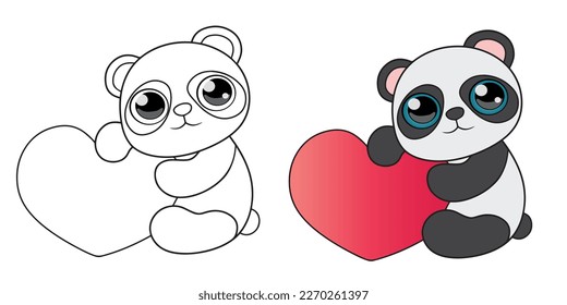 Panda coloring book.Panda with heart vector illustration. Drawing panda colored and black and white.