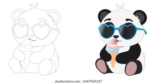 Panda-Malseite, Vektorgrafik-Panda, Cartoon-Panda und Eiscreme, Clipart-Panda mit Brille.