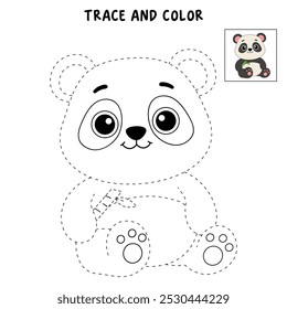 Panda coloring pages for kids. Trace and color Panda. Cute Panda animal flashcard for kids vector illustration. Letters P is for Panda. Kindergarten and preschool worksheets printable for kids.