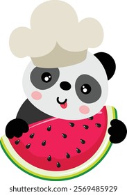 Panda cook holding slice of fresh watermelon