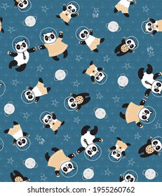 Panda in the cosmos seamless pattern, cute animal nursery background