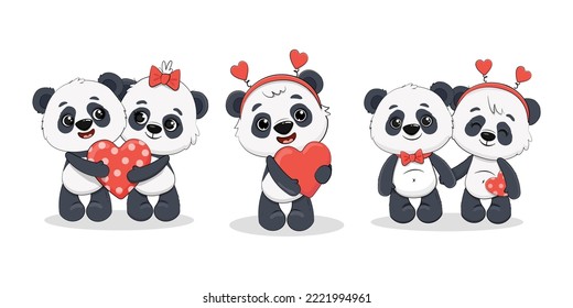 Panda couple with heart for your design Valentine's Day, birthday, Mother's Day, wedding.Set of cute cartoon pandas isolated on white.Vector 