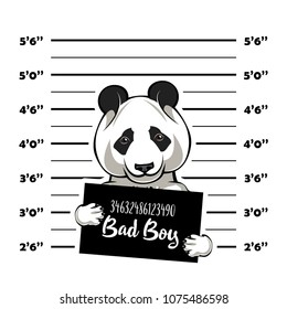 Panda Criminal. Police Banner. Arrest Photo. Police Placard, Police Mugshot, Lineup. Police Department Banner. Bear Offender. Panda Bear Vector Illustration