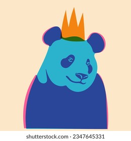 Panda en una corona. Avatar, insignia, afiche, plantillas de logotipo, impresión. Ilustración vectorial en un estilo minimalista con efecto de impresión Riso. Estilo de caricatura plano