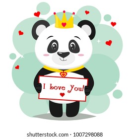 Panda in the crown holds a tablet with the text I love you in the style of cartoons.