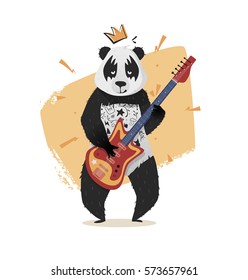 Panda with a crown plays guitar. A bright illustration for print on a T-shirt, cover, poster. Vector graphics.