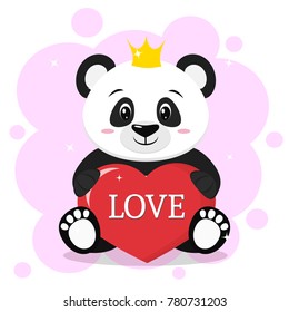 Panda in the crown sits and holds in the paws a red heart with the inscription love, in the style of cartoons.