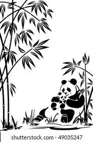 Panda with a cub in bamboo thickets.