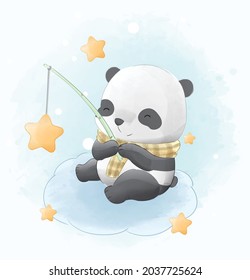 panda cub pescando para estrellas acuarela ilustración con fondo blanco, para libro de portada, impresión, ducha de bebé, decoración de vivero, invitaciones de cumpleaños, afiche, tarjeta de saludo