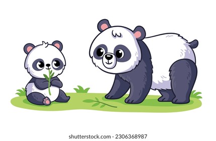 Panda with a cub is sitting on a green meadow. Vector illustration with animals in cartoon style.