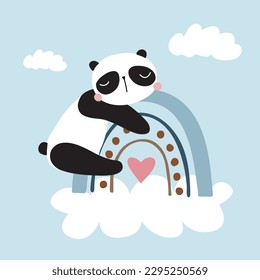 A panda cub sleeps on a rainbow among the clouds. Postcard in cartoon kawaii style. Vector for design, banners, children's books and patterns