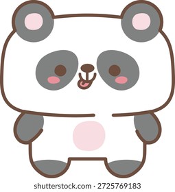 Panda cub steht vor mit rundem Kopf, hartnäckigen Körper und Zunge ragt in kawaii Cartoon. Symbol für Freude, Spaß, Maskottchen-Charme und kinderfreundliche Stimmung. Cartoon, Vektorgrafik.