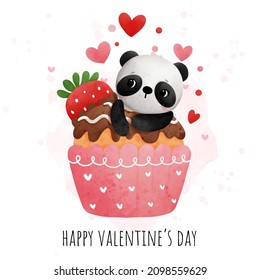 Panda cupcake, Valentines' panda watercolor vector. 