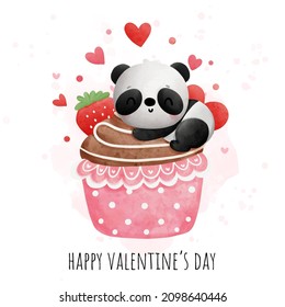 Panda cupcake, Valentines' panda watercolor vector. 